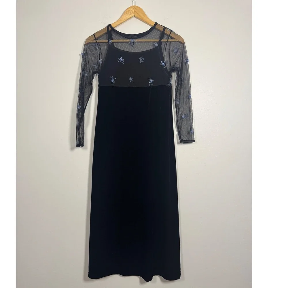Dragonfly American Girl Kids Size 12 Maxi Dress Black Velvet Mesh Blue Floral‎